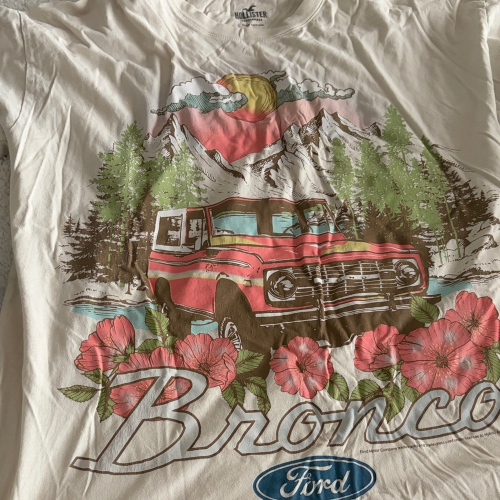 Hollister White T-Shirt with Red and Green Bronco Design